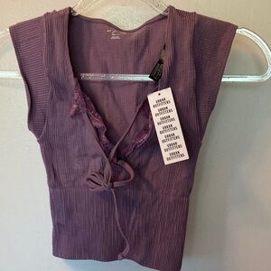Urban Outfitters Purple Ribbed Tie Front Cap Sleeve Blouse
